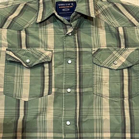 Smiths Workwear Shirt Men Medium Green Plaid Short Sleeve Button Up Casual Adult - Picture 2 of 4